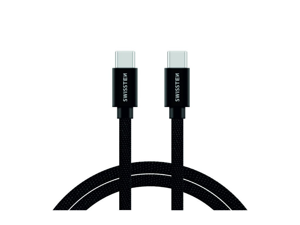 Swissten Textile Universal Quick Charge 3.1 USB-C į USB-C duomenų kabelis2 m juodi išoriniai įrenginiai