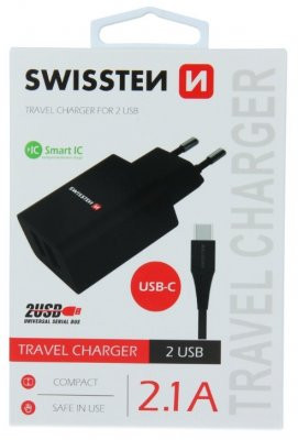 Swissten Smart IC įkroviklis 2x USB 2.1A su USB-C laidu 1,20 m juodas